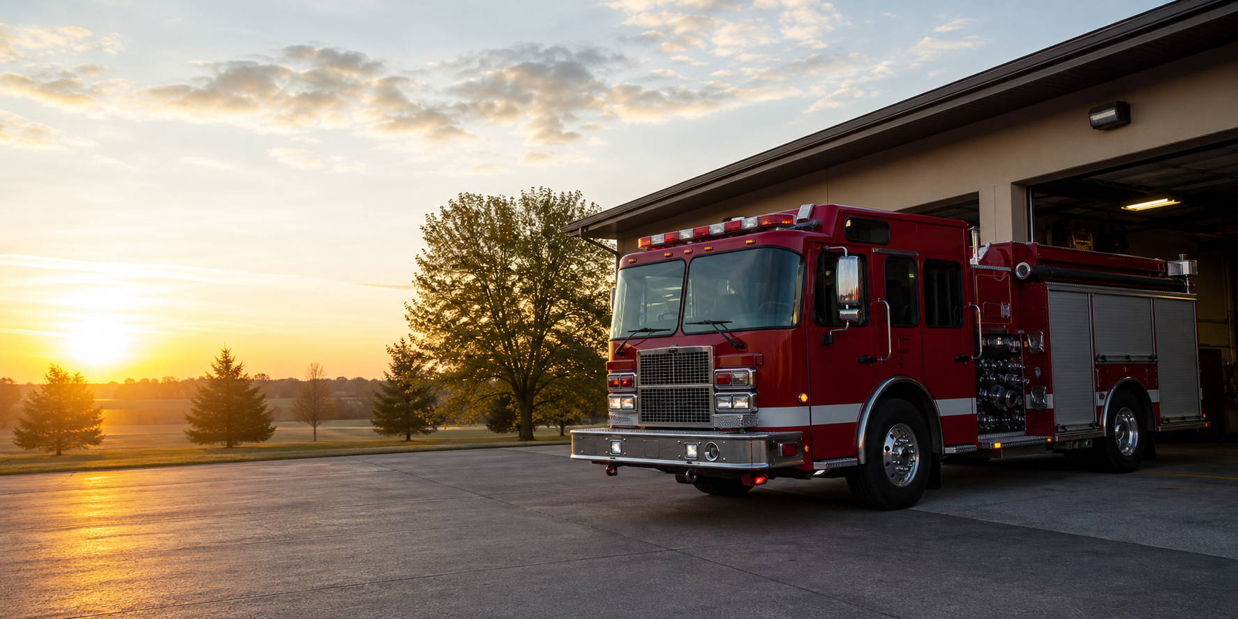 Fire engine outside a station at sunrise, from the platform's district website imagery
