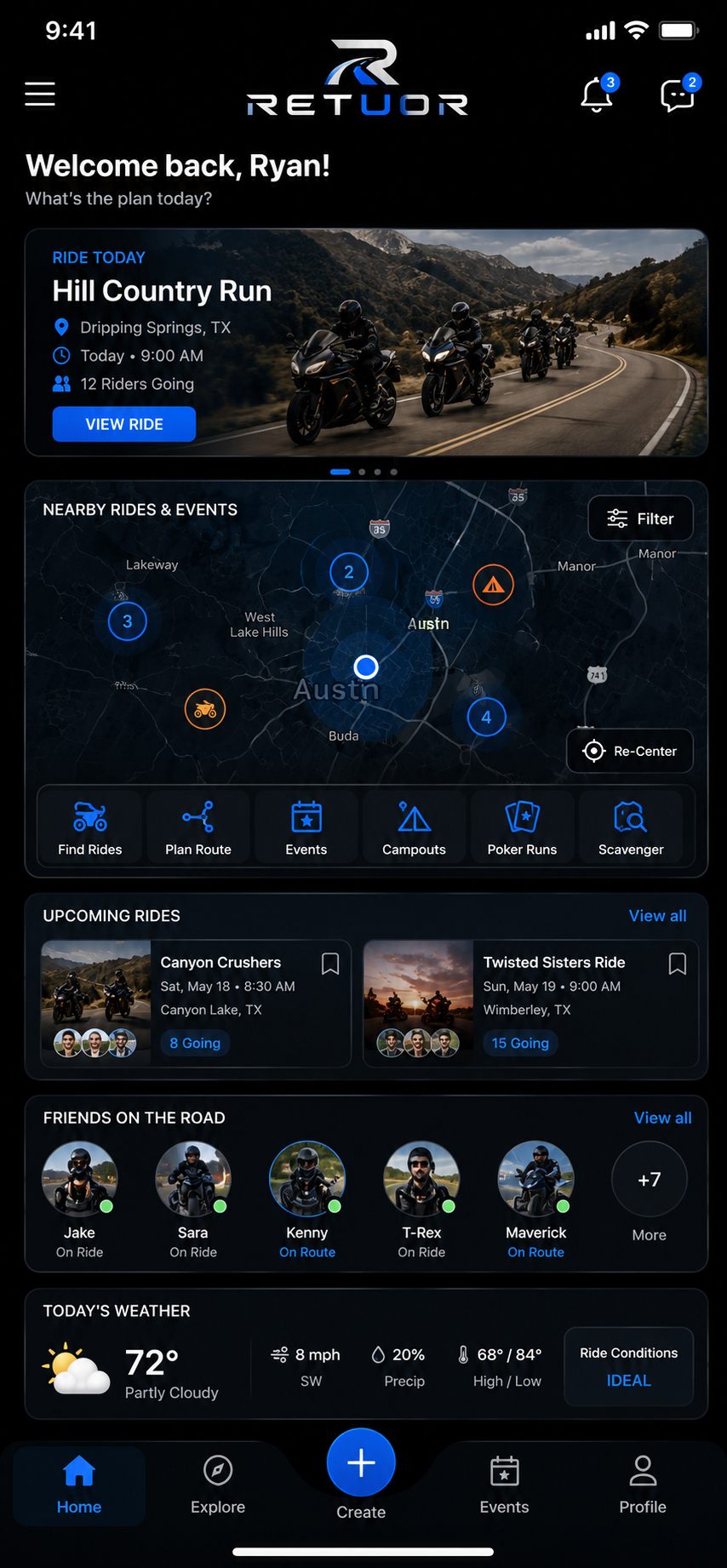Retuor app home preview with nearby rides, events, friends on the road, and weather